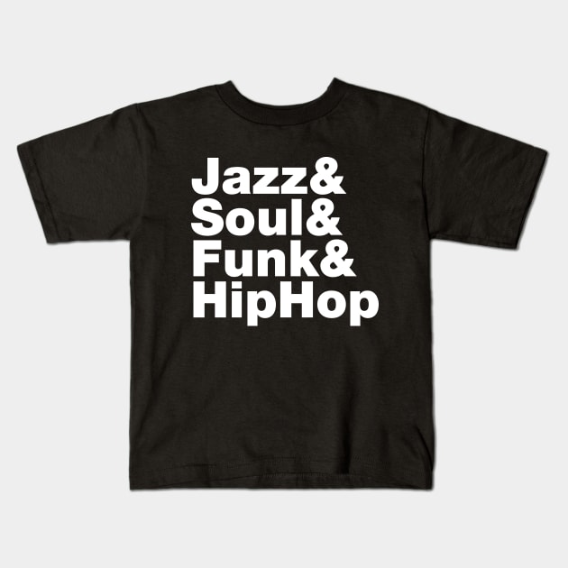 Jazz & Soul & Funk & HipHop Kids T-Shirt by forgottentongues